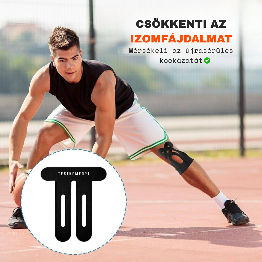 TestKomfort™ – Előre vágott, rugalmas, vízálló, bőrbarát kineziológiai térdszalag