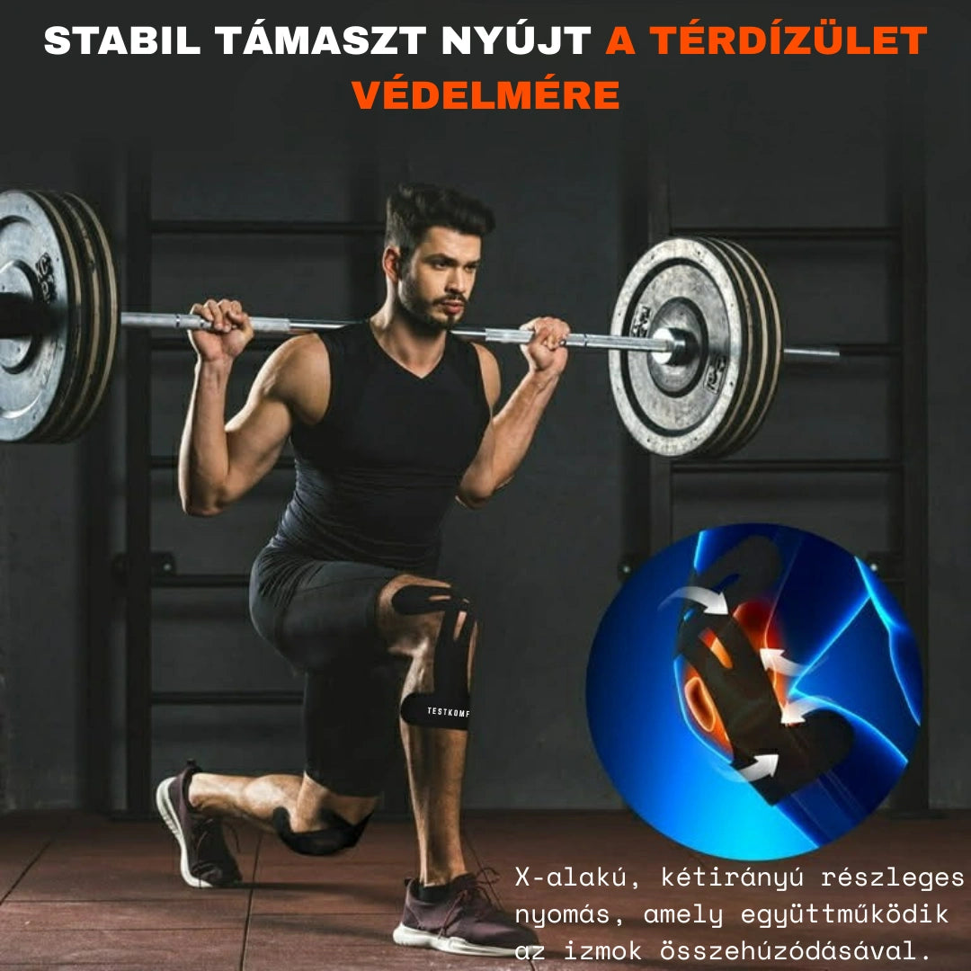 TestKomfort™ – Előre vágott, rugalmas, vízálló, bőrbarát kineziológiai térdszalag